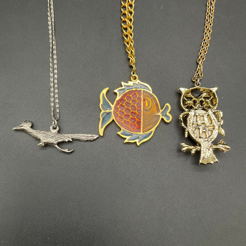 Vintage Animal Pendant Necklaces Lot 3pc Owl Fish Roadrunner Costume Jewelry