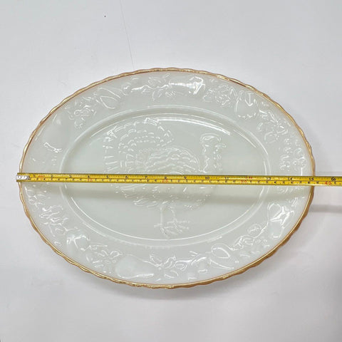 Anchor Hocking Turkey Serving Platter Milk Glass Gold Trim Thanksgiving 15" 2790