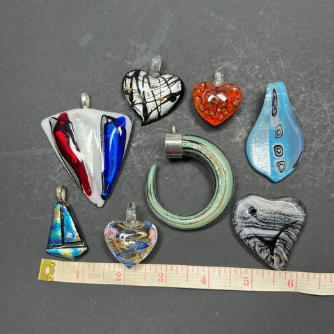 Lot of 7 Art Glass Pendants Abstract Shapes Multicolor Hearts