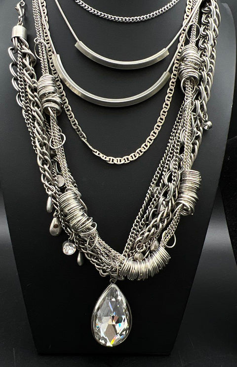 Vintage Modern Silver Tone Costume Jewelry Lot 6 Necklaces Rhinestone Pendant