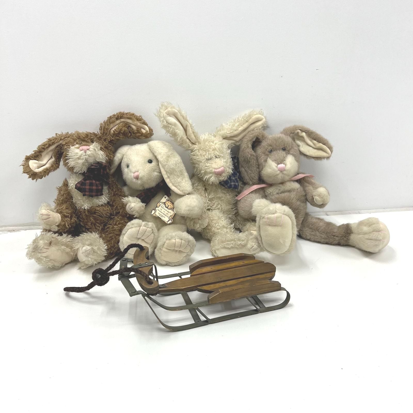 Vintage Boyds Collection Lot 4 J.B. Bean Plush Bunnies & Miniature Wood Sled