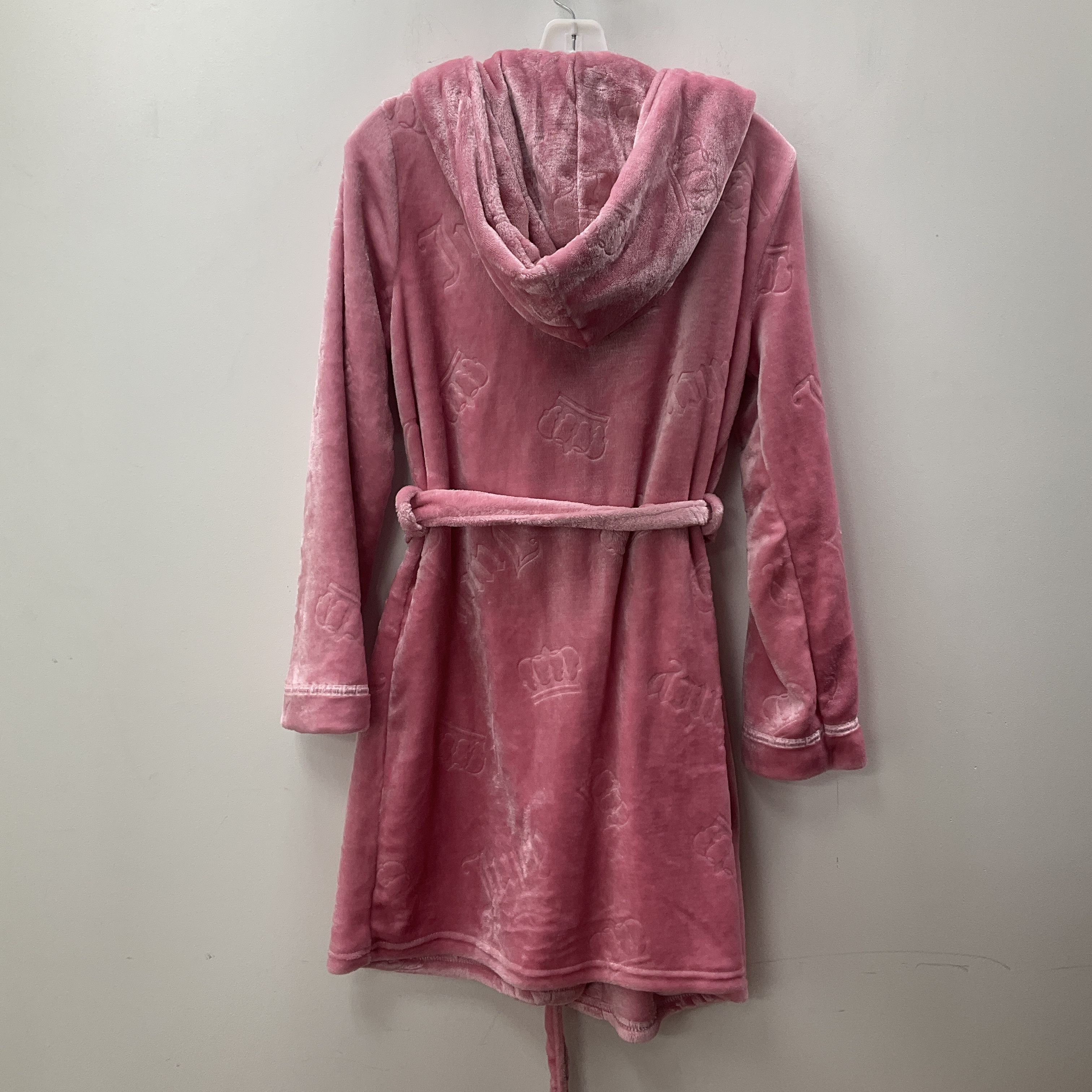 Juicy Couture Women's Pink Hooded Kimono Robe Plush Embossed Crowns Size S/M