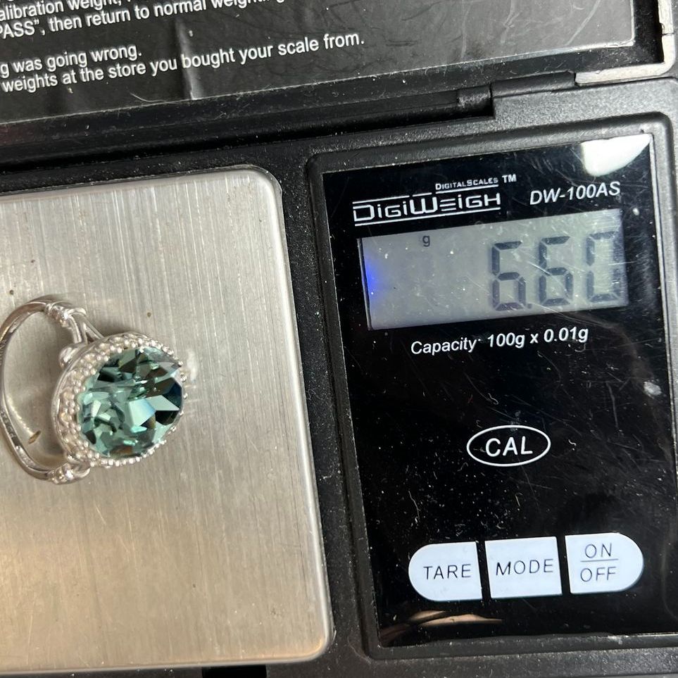 Sterling Silver Teal Blue Rhinestone Ring Size 8 6.6g