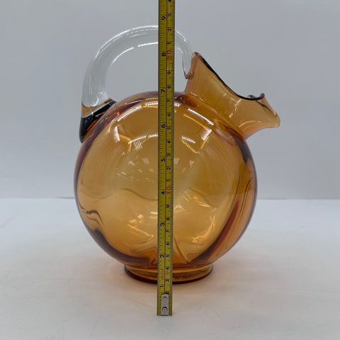 Vintage Amber Art Glass Pitcher 10" Hand Blown Clear Applied Handle MCM Style