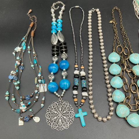 Boho Southwestern Fashion Jewelry Lot 10 Necklaces Faux Turquoise Beaded Tassel