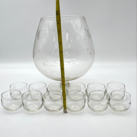 Etched Glass Punch Bowl Set 13 Piece Giant Snifter 12 Cups Floral Vine Vintage