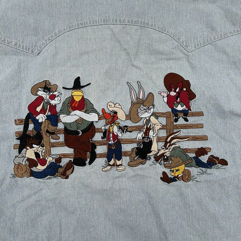 Vintage 1995 Looney Tunes Warner Bros Wild West Striped Western Shirt Sz L