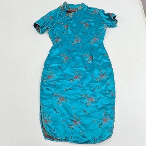 Vintage 70s Qi Pao Cheongsam Dress Embroidered Floral Brocade Mandarin Collar