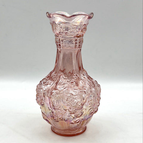 Carnival Glass Pink Grape and Leaf Pattern Vase Ruffled Rim 10.5 Inch Vintage