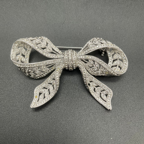 Nadri Silver Tone Rhinestone Art Deco Style Bow Brooch Pin 2.5"