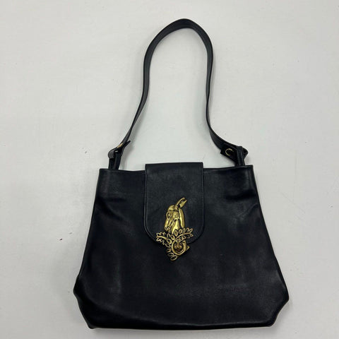 Vintage 80s Collins of Texas Black Leather Horse Clasp Shoulder Bag Tote