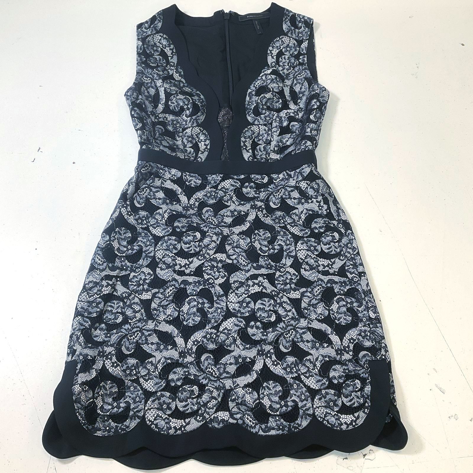 BCBG Maxazria Black & White Lace Overlay Sirena Shift Dress Pockets Size 0