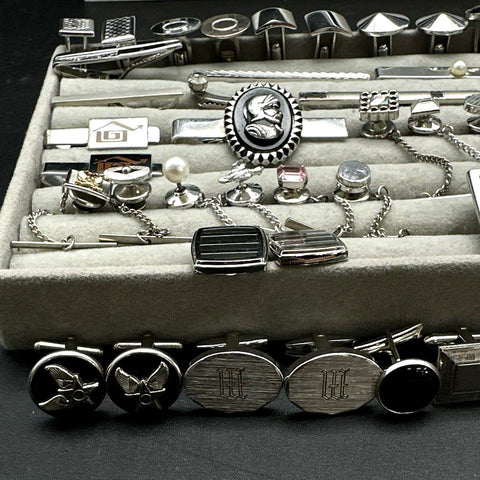 Vintage Mens Jewelry Lot Cufflinks Tie Bars Tacks Silver Tone Retro 40+ Pieces