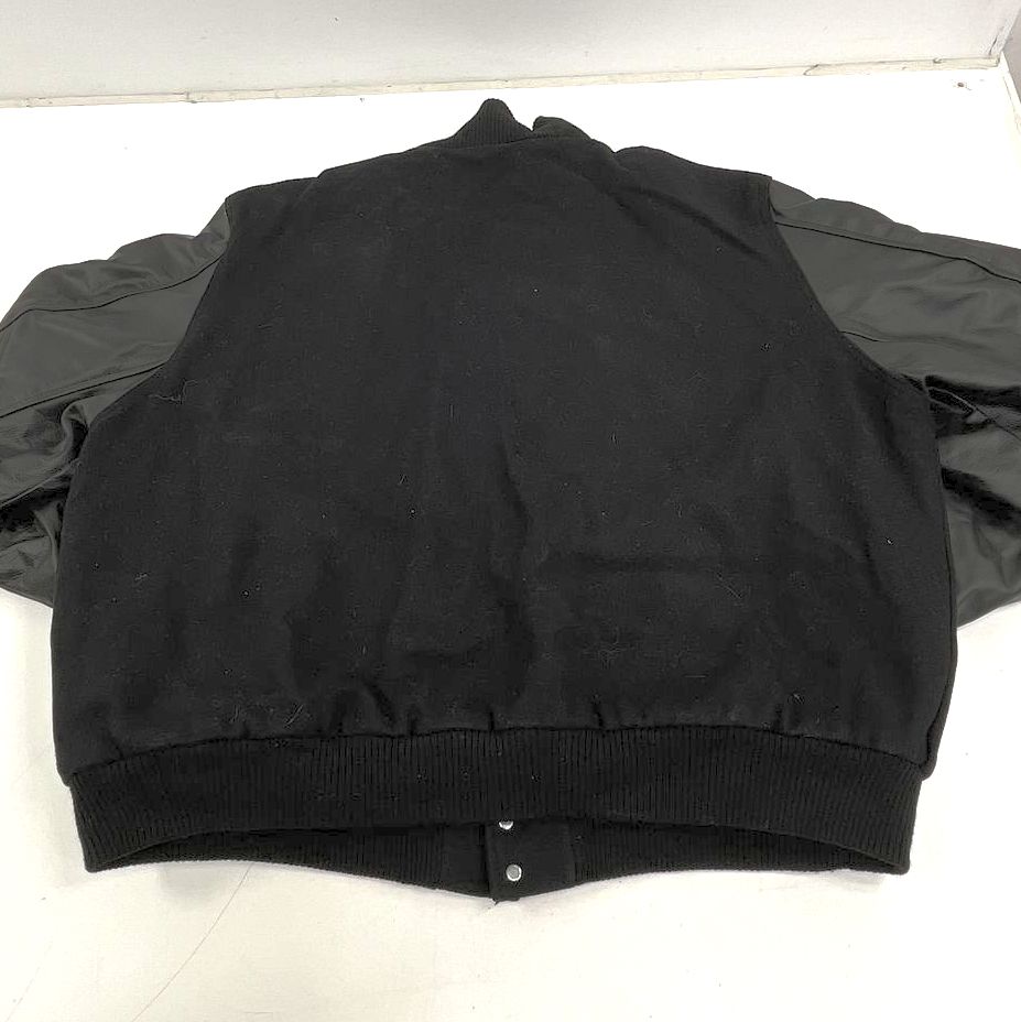 Rennoc Black Vintage Y2K Embroidered Faux Leather Sleeve Varsity Jacket Men's
