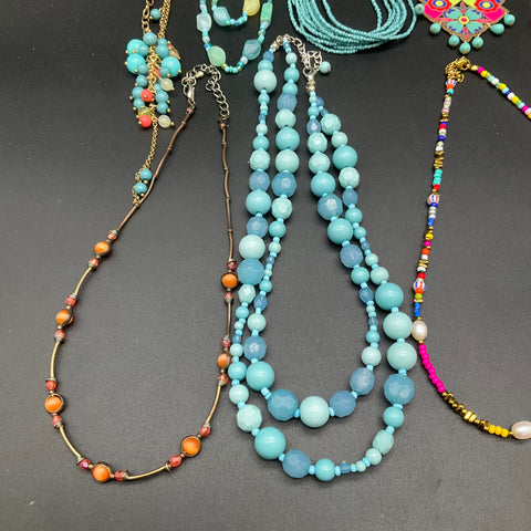 Beaded Costume Jewelry Lot of 14 Necklaces Statement Boho Shell Multi-strand