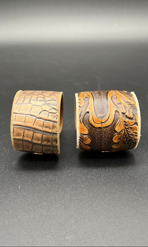 Annie Hammer Lot of 2 Tooled & Croc Embossed Leather Cuff Bracelets Signed