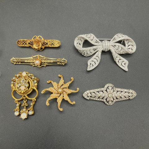 Vintage Victorian Revival Jewelry Lot of 6 Brooches Rhinestone Pearl Gold Tone