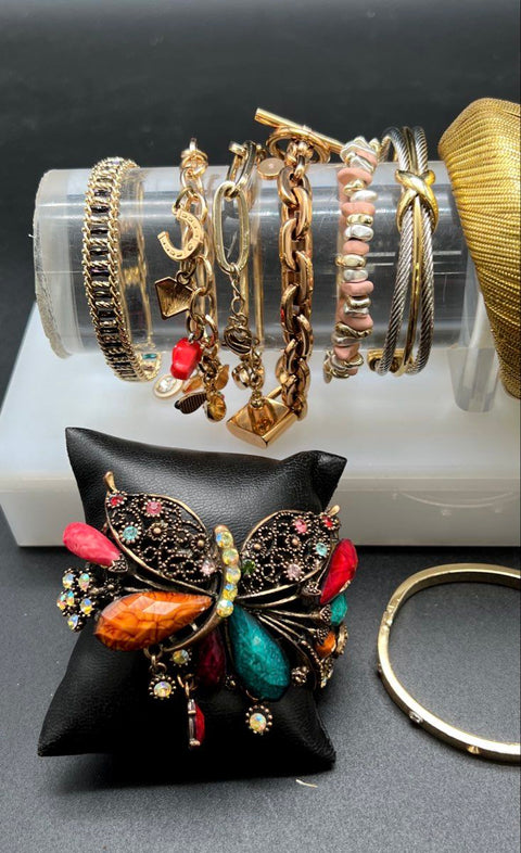 Vintage & Modern Gold Tone Jewelry Lot of 16 Bracelets Bangles Cuffs Charms