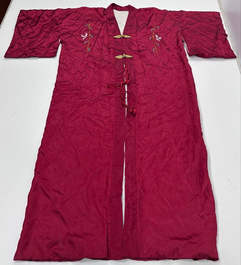 Vintage 80s Peacock Embroidered Satin Robe Kimono Frog Closure Burgundy Sz L