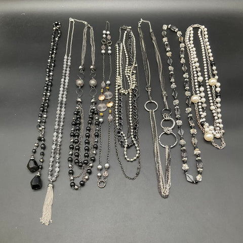 Silver Tone Beaded Faux Pearl Multi-Strand Tassel Necklace Jewelry Lot of 8