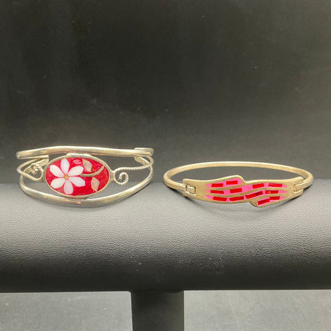 Vintage Mexican Silver Inlay Bracelet Lot of 2 Cuff Bangle Floral Geometric