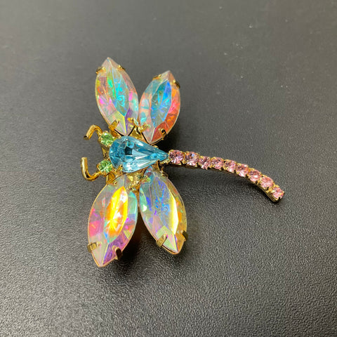 Vintage 1980s Gold Tone AB Rhinestone Dragonfly Brooch UV Reactive Eyes