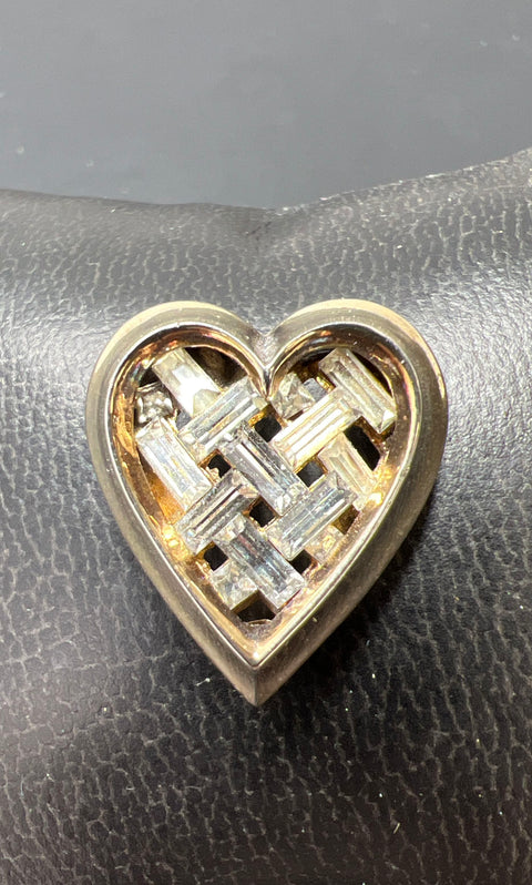Vintage Crown Trifari Signed Heart Rhinestone Basket Weave Pin & Clip Earrings