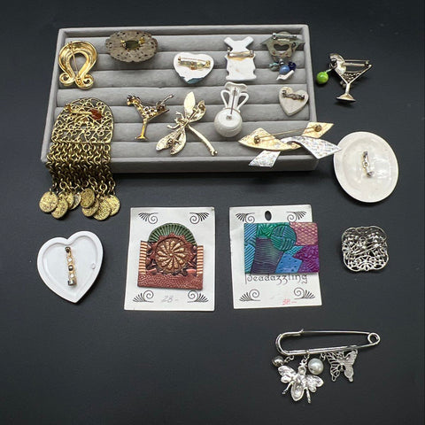 Vintage & Modern Brooch Pin Jewelry Lot of 17 Dragonfly Delft Enamel Filigree