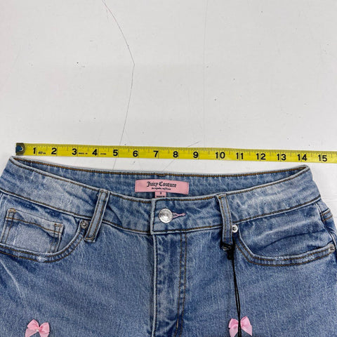 Juicy Couture Womens Blue Wide Leg Jeans Pink Bow Applique Pearl Detail NWT Sz 3