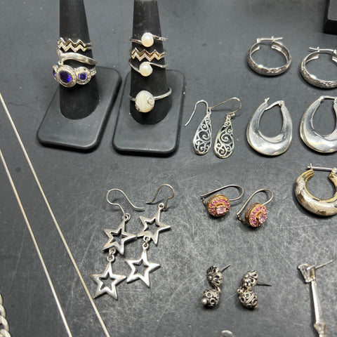 Silver Plate Necklaces Rings Earrings BraceletsJewelry Lot 499.72g