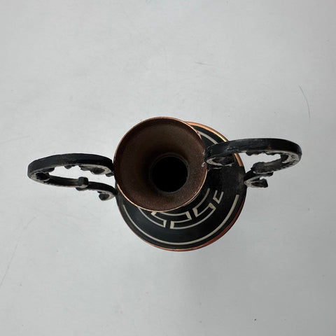 Vintage Greek Copper Vase Handmade Hand Painted Goat Motif Ornate Handles Greece