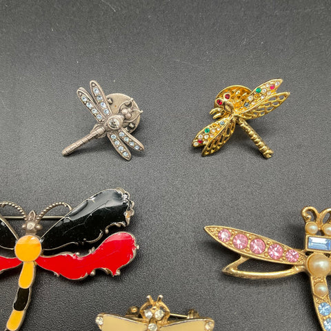 Vintage Dragonfly Brooch Pin Lot of 6 Rhinestone Enamel Gold Silver Tone