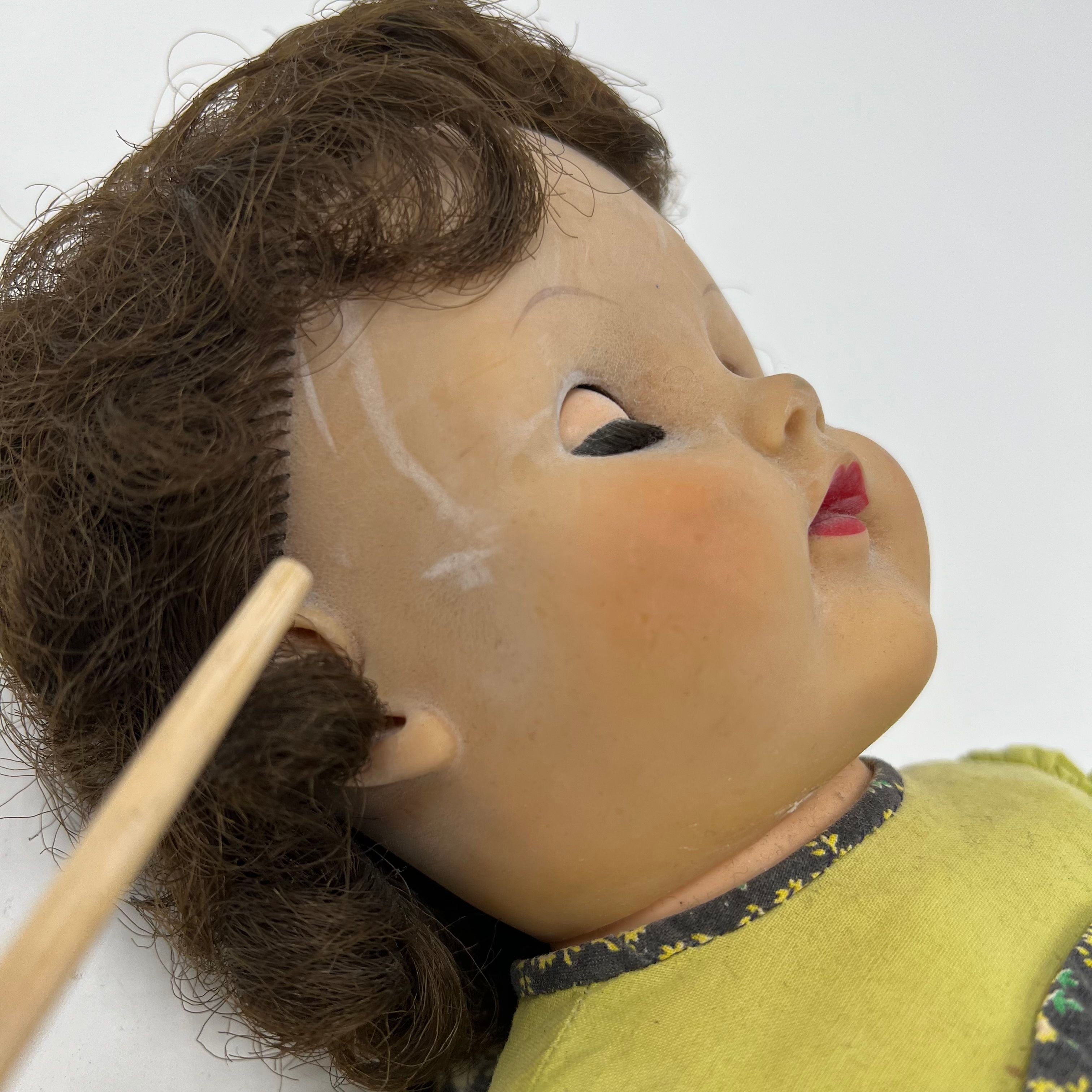 Vintage Composition Baby Doll 18" Green Floral Dress Brown Hair Sleep Eyes