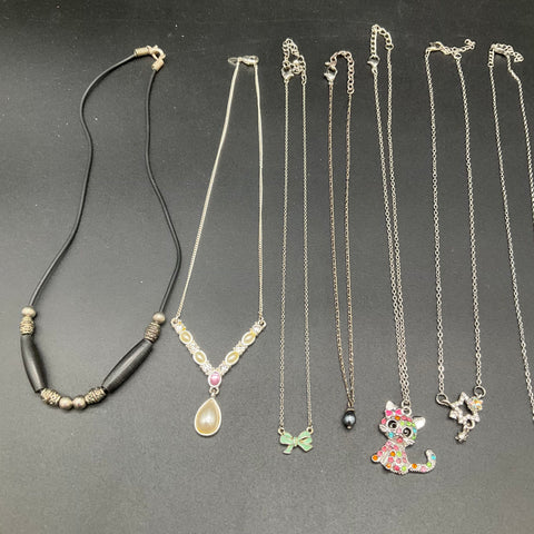 Fashion Costume Necklace Lot of 10 Silver Tone Rhinestone Cross Moon Cat Bow