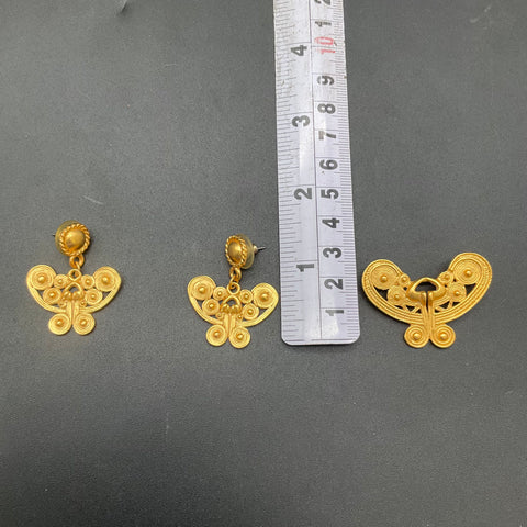 Vintage Tairona Pre-Columbian Style Gold Tone Butterfly Brooch & Earring Set