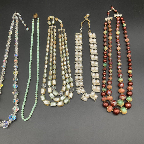 Vintage Costume Jewelry Lot 7 Necklaces Faux Pearl AB Crystal Rhinestone Deco