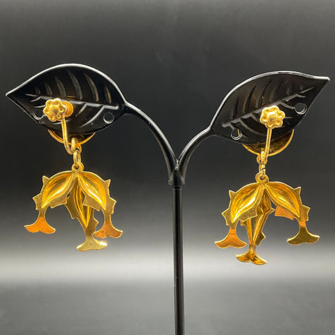 Vintage Etruscan Revival Damascene Style Fish Drop Earrings Screw Back