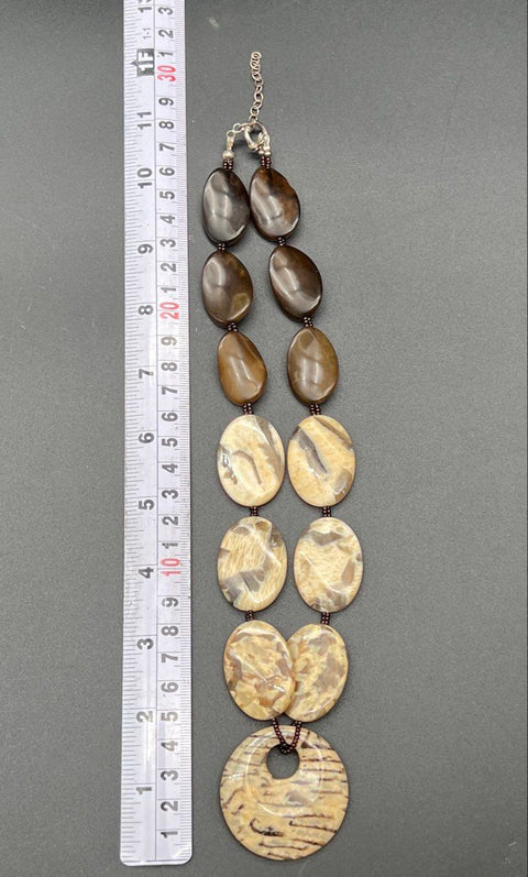 Chunky Natural Stone Beaded Necklace & Bracelet 3pc Set Brown Tan Vintage