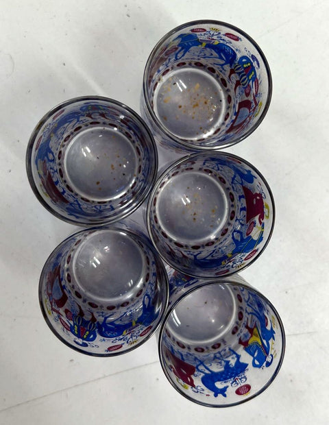 Alfred Taube Folk Art Rocks Glasses Set of 5 Red Blue Yellow Vintage MCM