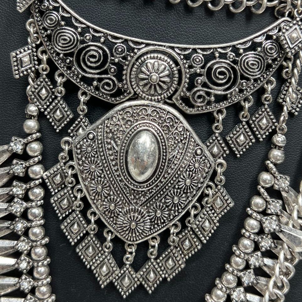 2 Silver tone Chain Faux Coin Bib Necklaces
