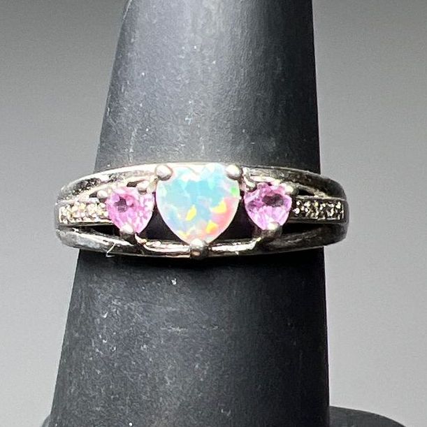 925 Sterling Silver Heart Opal, Pink Topaz & Sapphire Accent Ring Size 5.75g