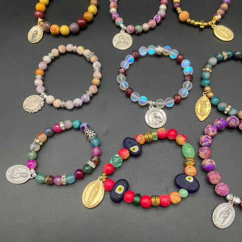 Religious Beaded Stretch Bracelet Lot 22pc Saint Medals Miraculous Cross Stone