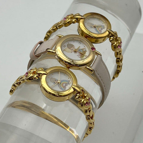 Vintage Precious Moments Gold Tone Watch Lot of 3 Pink Rhinestone Heart Leather