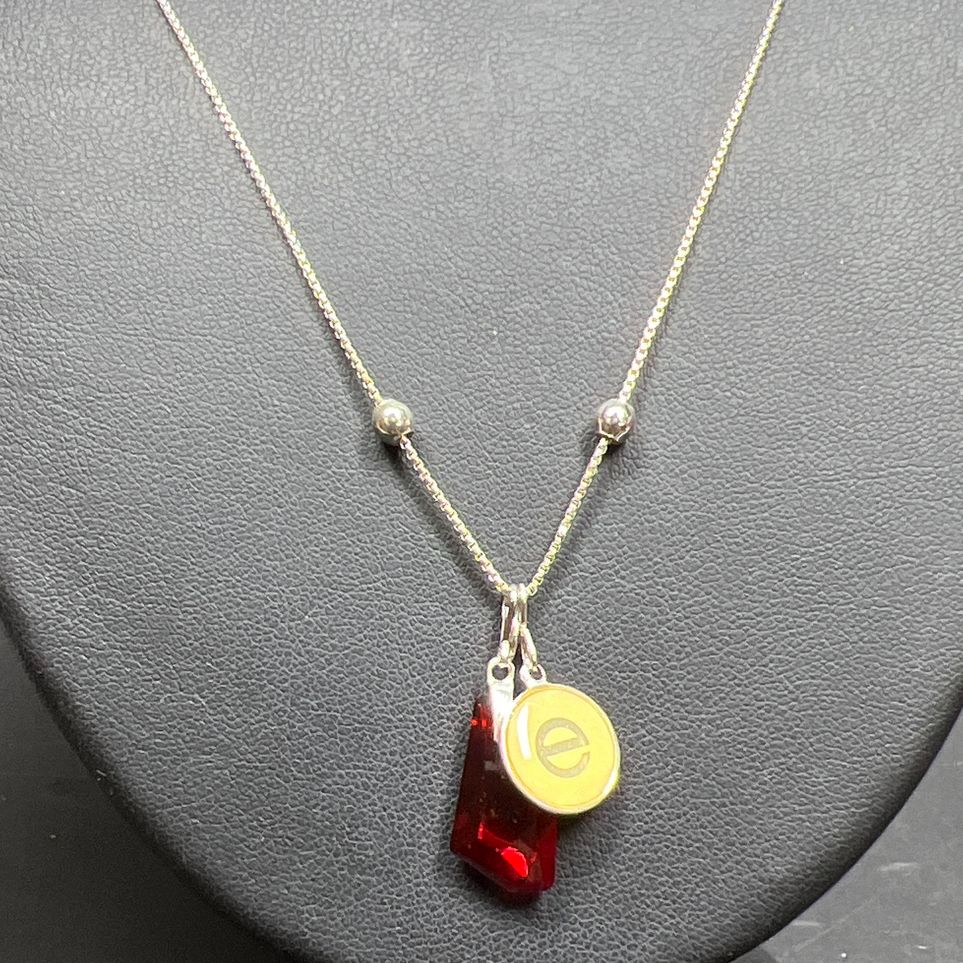 Alex & Ani 925 Sterling Silver Letter E & Red Glass Pendant Necklace