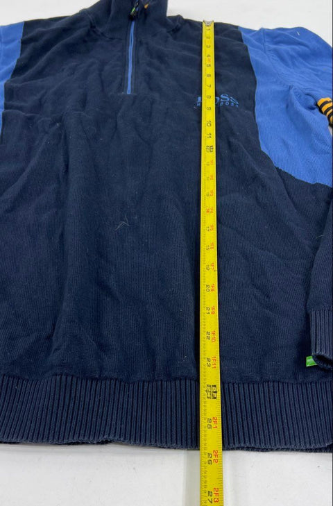 Boss Hugo Boss Men's 1/4 Zip Pullover Sweater Navy Blue Colorblock Cotton M