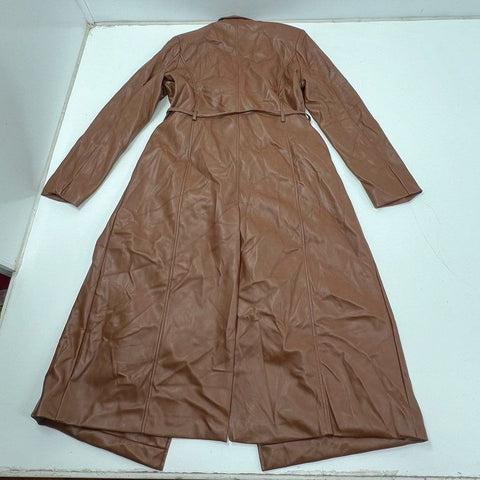 Avec Les Filles Womens Brown Faux Leather Double Breasted Trench Coat Size L