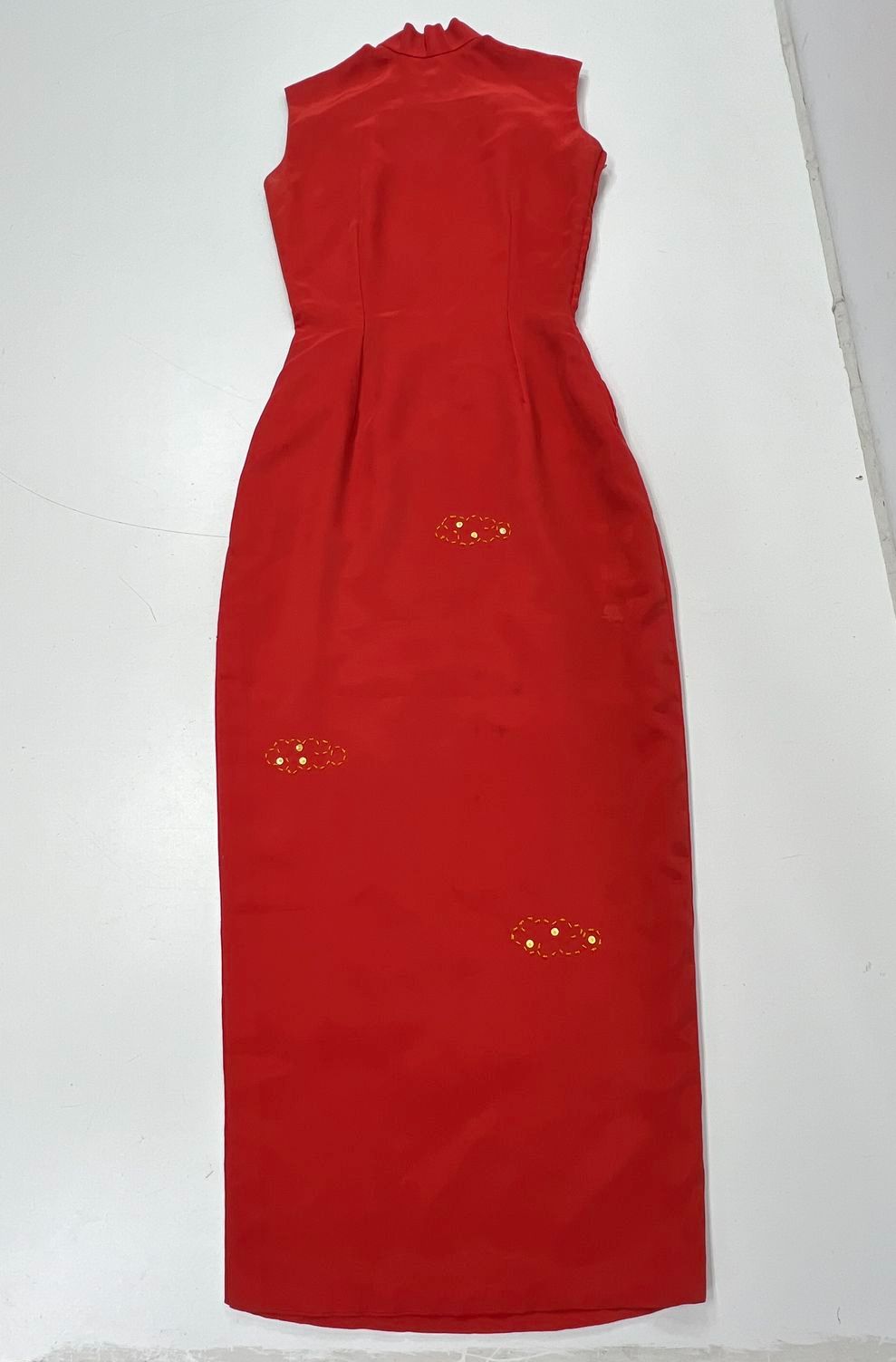 Vintage 60s Red Silk Cheongsam Qipao Dress Hand Beaded Phoenix Sz M