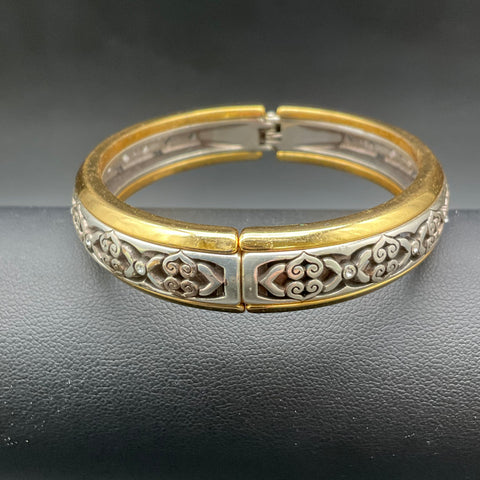 Brighton Intrigue Narrow Hinged Bangle Two-Tone Scroll Heart Accents Size 7