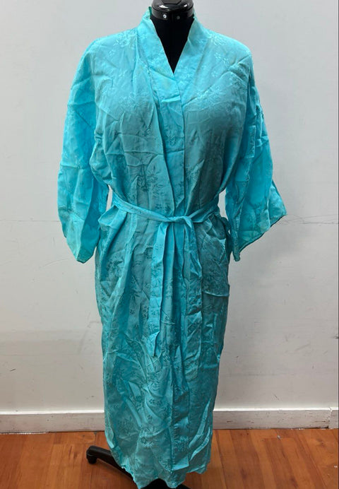 Vintage 60s Turquoise Embroidered Floral Jacquard Silk Kimono Robe One Size