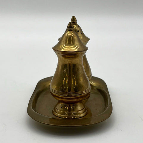 Salt and Pepper Shakers Set Vintage Brass Traditional 3 Pieces With Oval Tray